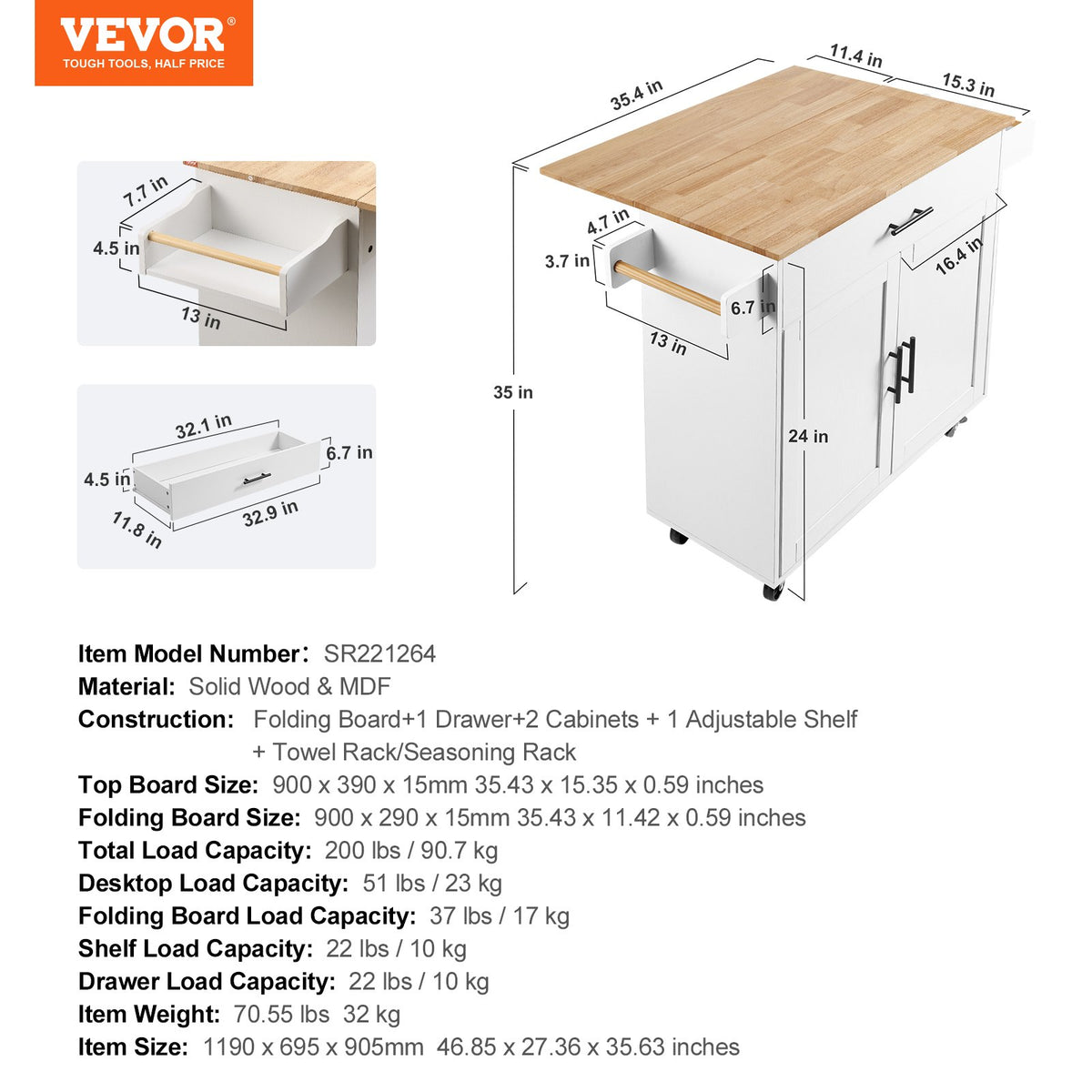 VEVOR Kitchen Mobile Cart with Hardwood Top, Spice Rack, Towel Holder and Drawer, White, 90 cm
