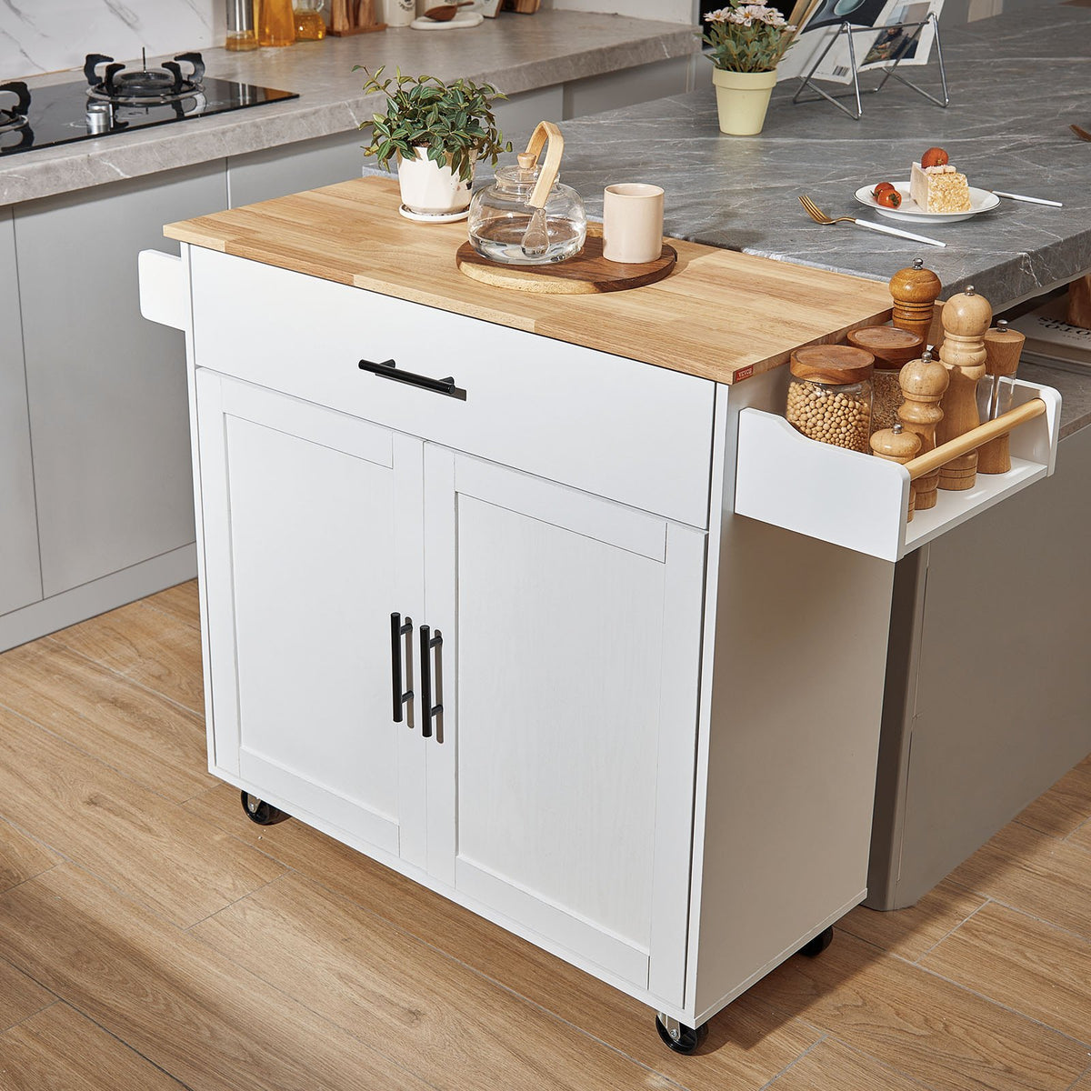 VEVOR Kitchen Mobile Cart with Hardwood Top, Spice Rack, Towel Holder and Drawer, White, 90 cm