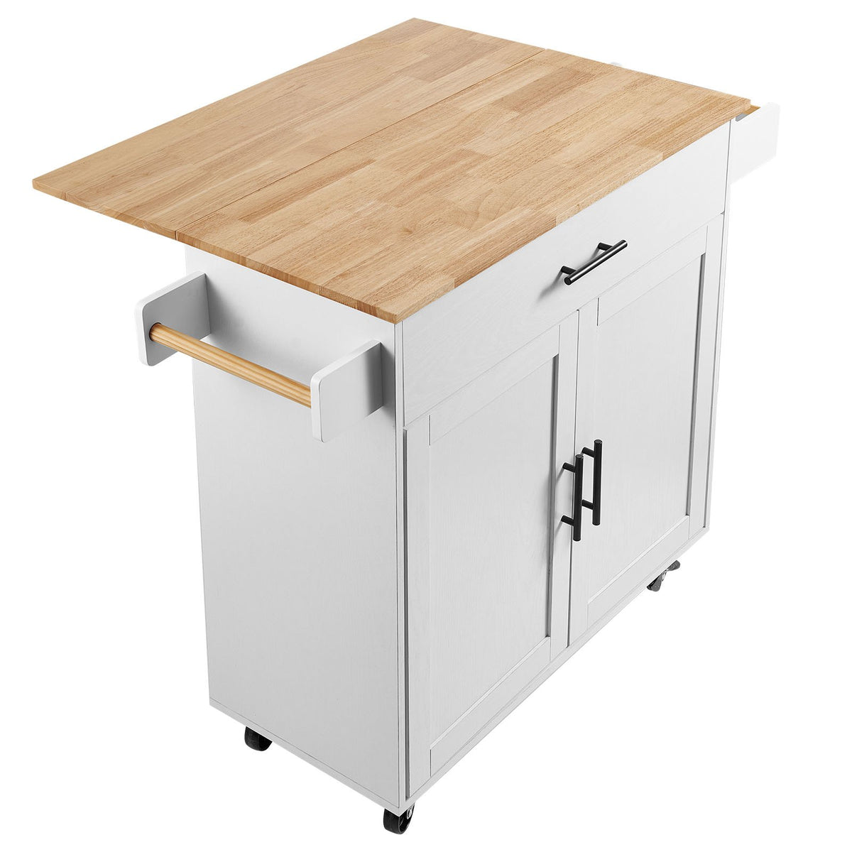 VEVOR Kitchen Mobile Cart with Hardwood Top, Spice Rack, Towel Holder and Drawer, White, 90 cm