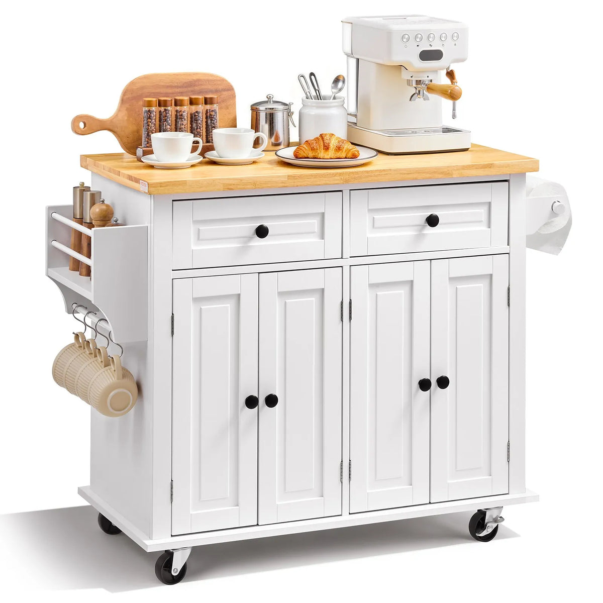 VEVOR Kitchen Island with Solid Wood Worktop, 90 cm Wide Mobile Kitchen Trolley with Storage Cabinet, Drawer, Spice Rack and Towel Rail, on Wheels, White
