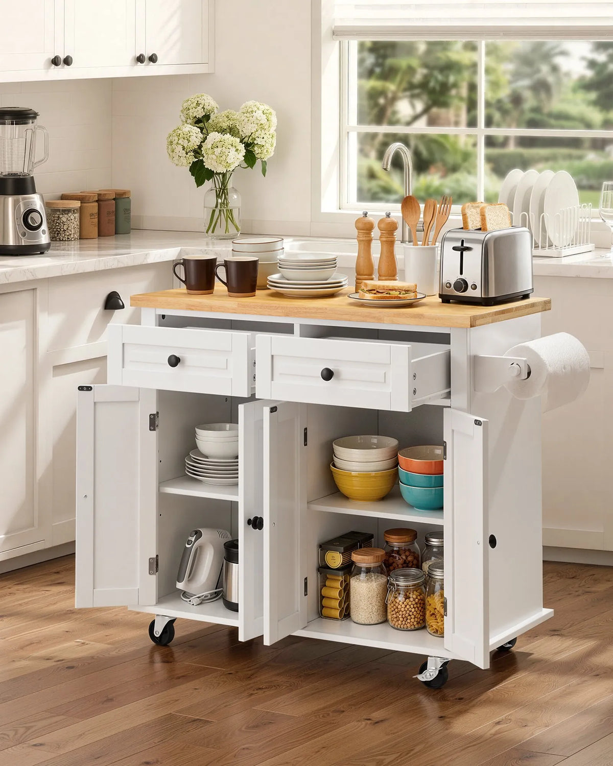 VEVOR Kitchen Island with Solid Wood Worktop, 90 cm Wide Mobile Kitchen Trolley with Storage Cabinet, Drawer, Spice Rack and Towel Rail, on Wheels, White