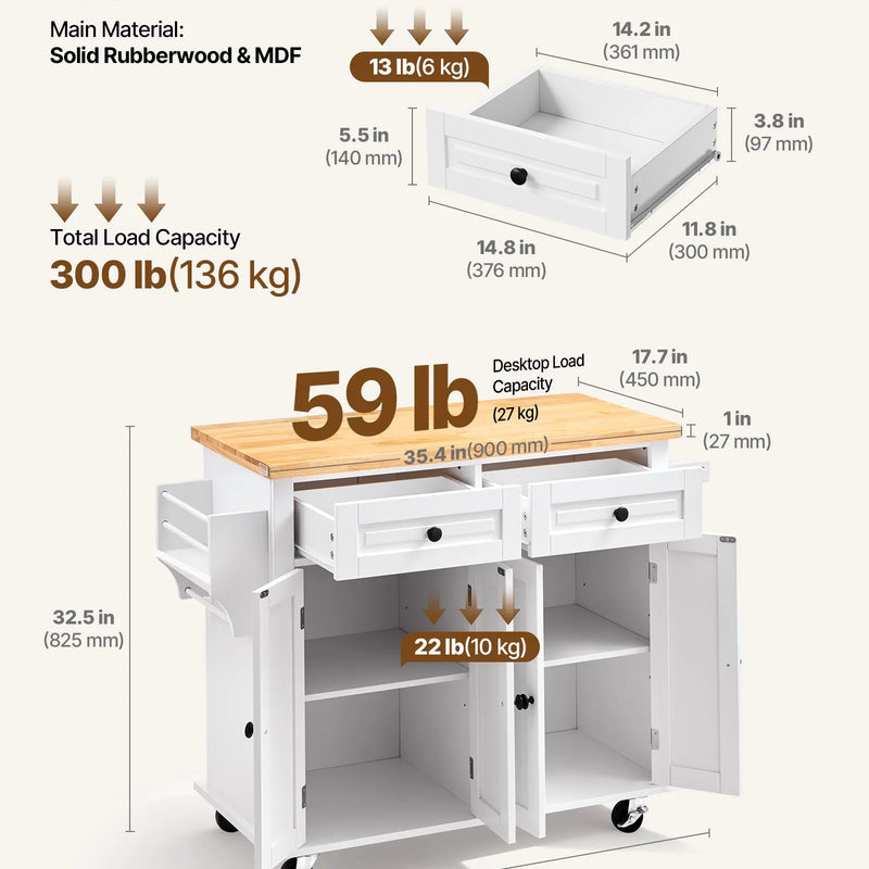 VEVOR virtuves sala ar masīvkoka virsmu, 90 cm plats mobilais virtuves galds ar uzglabāšanas skapīti, atvilktni, garšvielu plauktu un dvieļu turētāju, uz riteņiem, balts