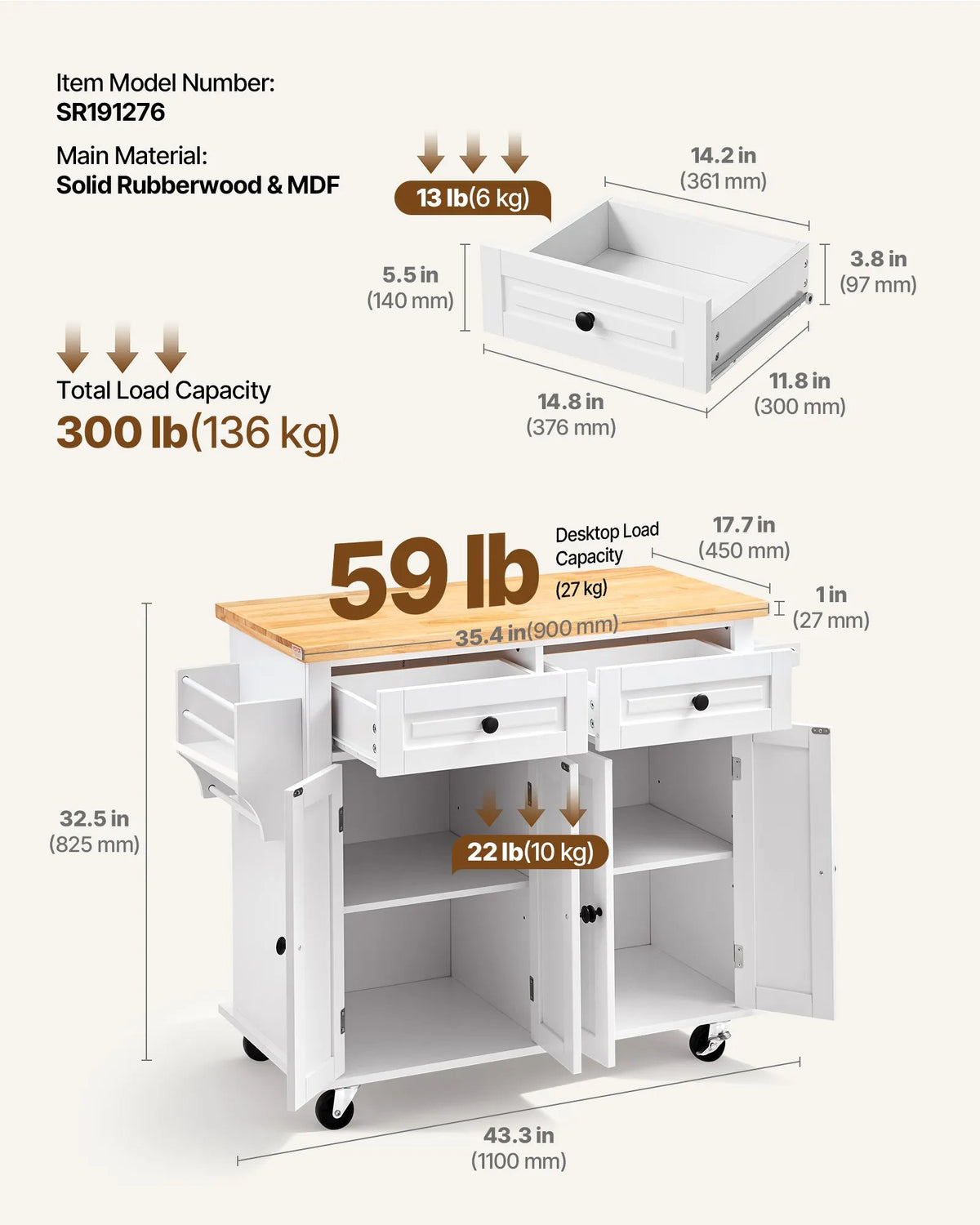 VEVOR Kitchen Island with Solid Wood Worktop, 90 cm Wide Mobile Kitchen Trolley with Storage Cabinet, Drawer, Spice Rack and Towel Rail, on Wheels, White