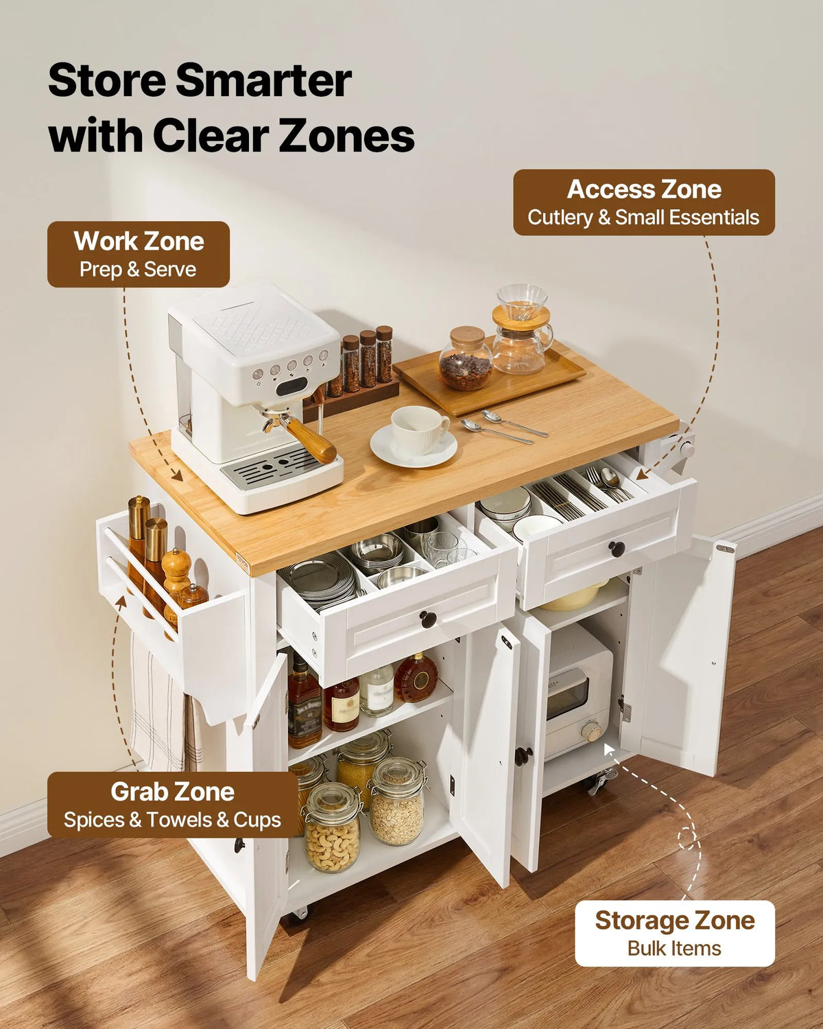 VEVOR Kitchen Island with Solid Wood Worktop, 90 cm Wide Mobile Kitchen Trolley with Storage Cabinet, Drawer, Spice Rack and Towel Rail, on Wheels, White
