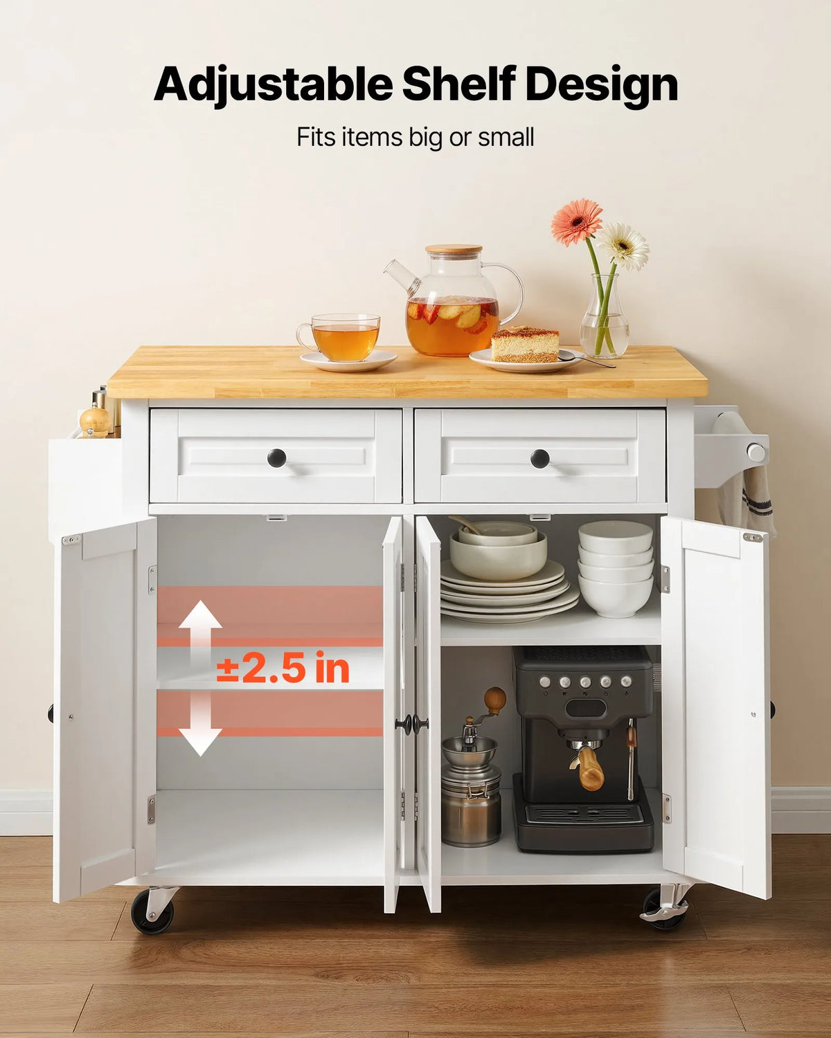 VEVOR Kitchen Island with Solid Wood Worktop, 90 cm Wide Mobile Kitchen Trolley with Storage Cabinet, Drawer, Spice Rack and Towel Rail, on Wheels, White