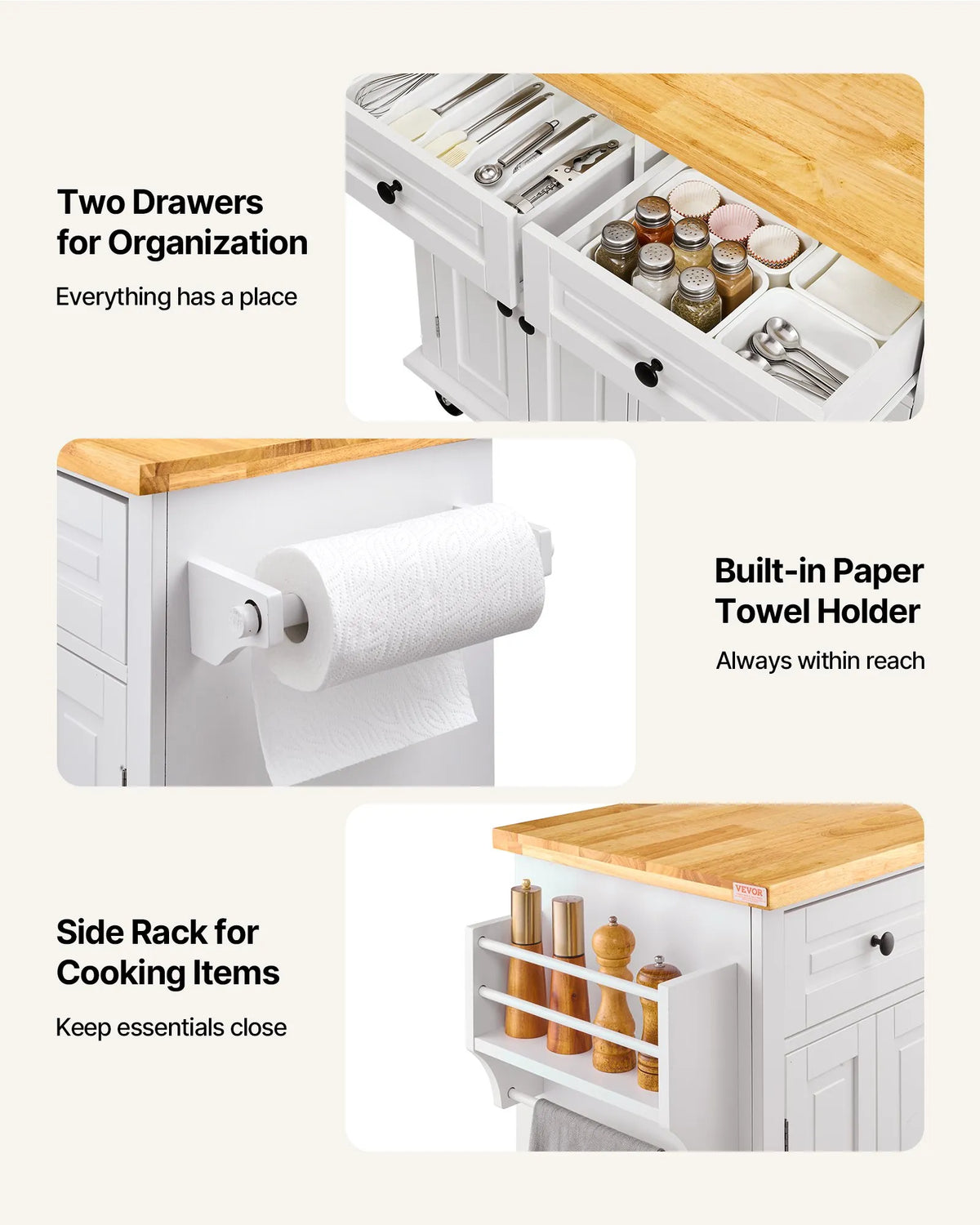 VEVOR Kitchen Island with Solid Wood Worktop, 90 cm Wide Mobile Kitchen Trolley with Storage Cabinet, Drawer, Spice Rack and Towel Rail, on Wheels, White