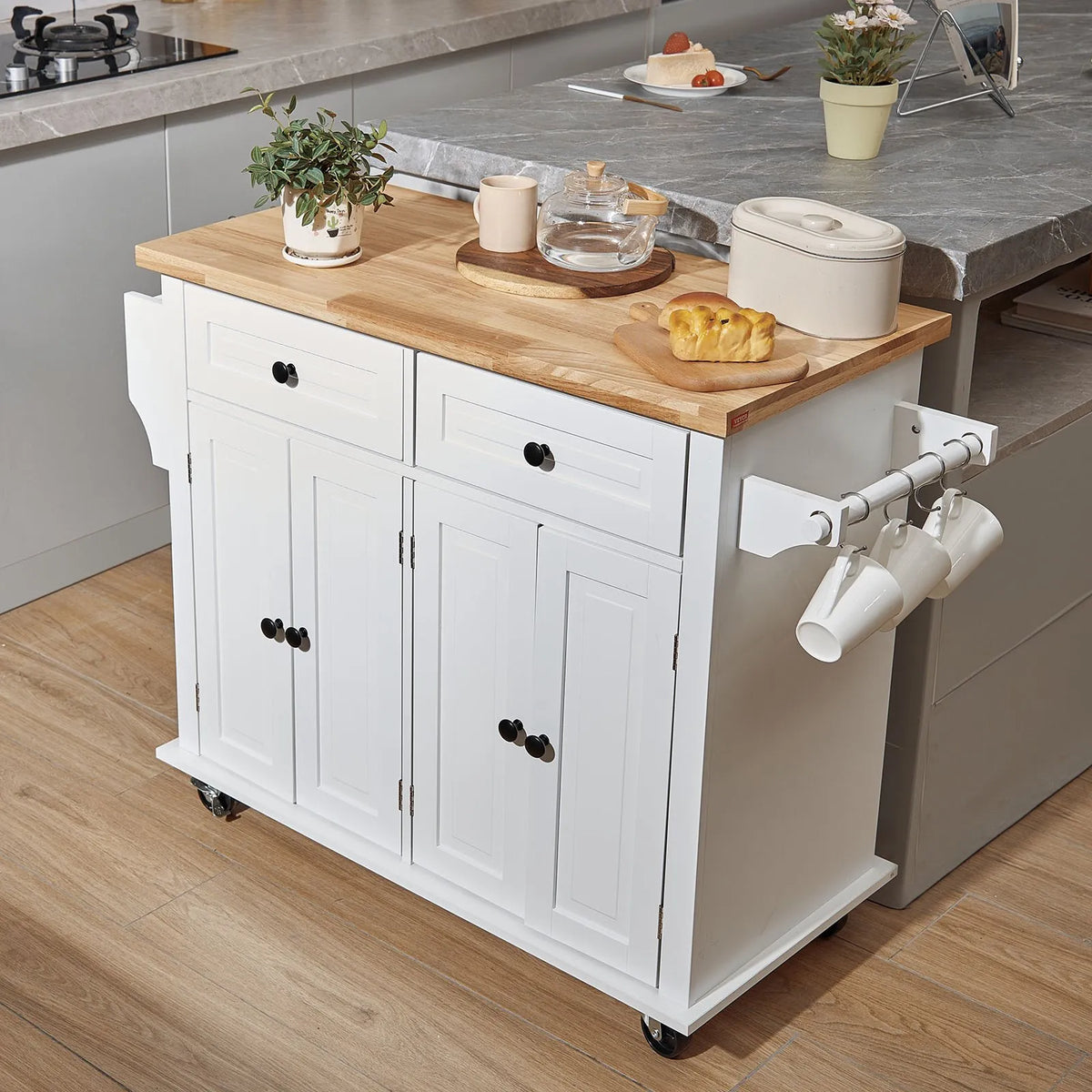 VEVOR Kitchen Island with Solid Wood Worktop, 90 cm Wide Mobile Kitchen Trolley with Storage Cabinet, Drawer, Spice Rack and Towel Rail, on Wheels, White