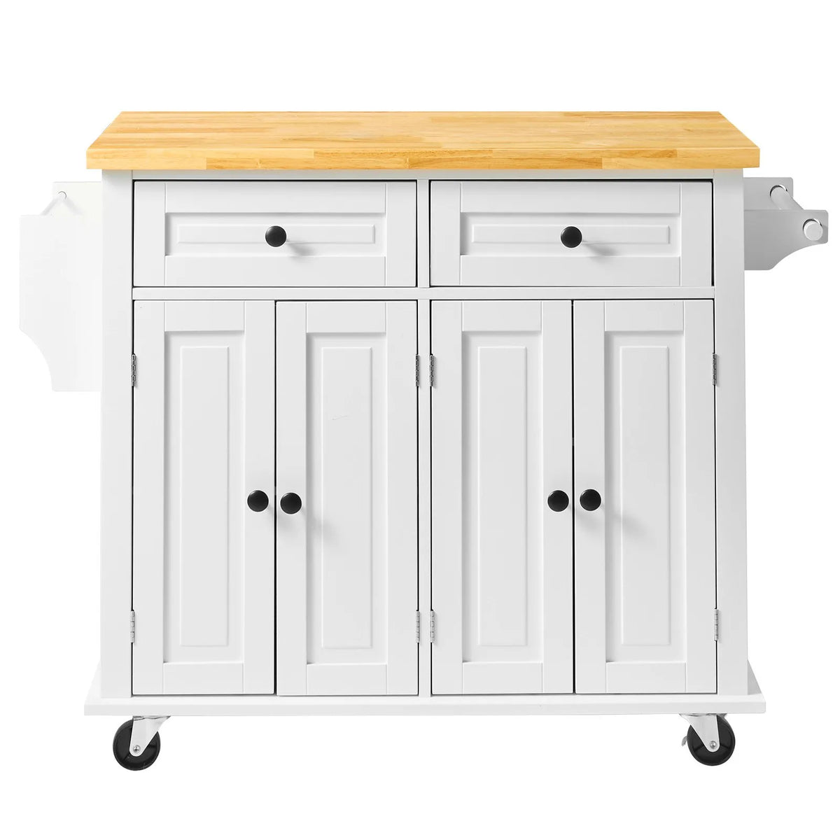 VEVOR Kitchen Island with Solid Wood Worktop, 90 cm Wide Mobile Kitchen Trolley with Storage Cabinet, Drawer, Spice Rack and Towel Rail, on Wheels, White