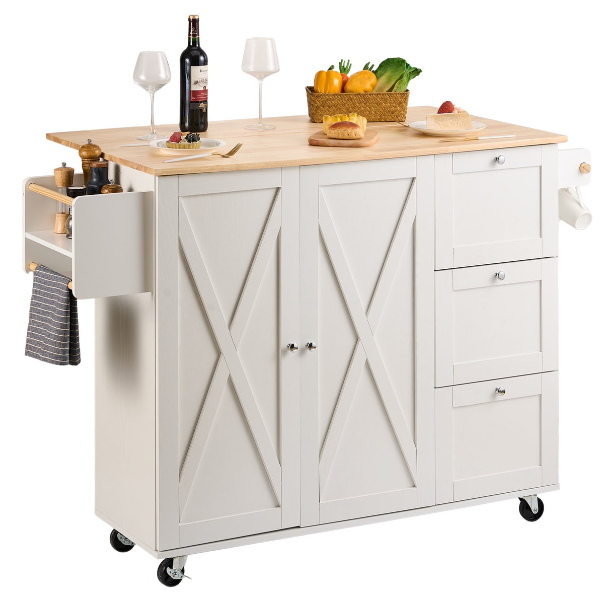 VEVOR Kitchen Island with Solid Wood Worktop, 115 cm Wide Mobile Kitchen Table with Storage Cabinet, Spice Rack, Towel Holder, Folding Surface and Drawer, Movable Kitchen Island on Wheels, White