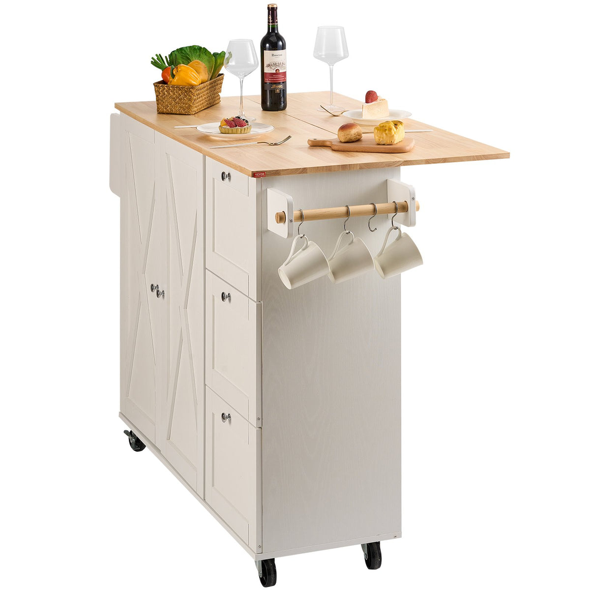 VEVOR Kitchen Island with Solid Wood Worktop, 115 cm Wide Mobile Kitchen Table with Storage Cabinet, Spice Rack, Towel Holder, Folding Surface and Drawer, Movable Kitchen Island on Wheels, White