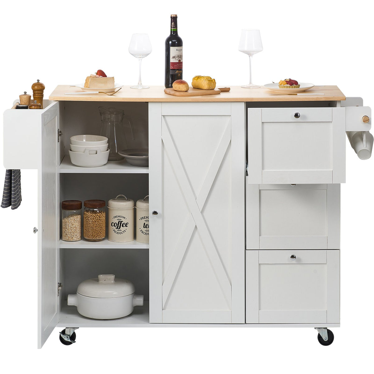 VEVOR Kitchen Island with Solid Wood Worktop, 115 cm Wide Mobile Kitchen Table with Storage Cabinet, Spice Rack, Towel Holder, Folding Surface and Drawer, Movable Kitchen Island on Wheels, White