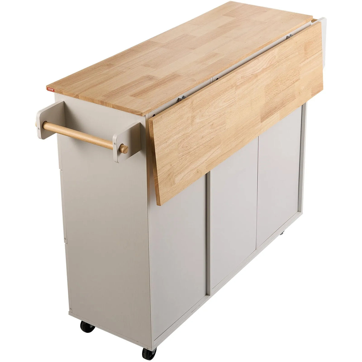 VEVOR Kitchen Island with Solid Wood Worktop, 115 cm Wide Mobile Kitchen Table with Storage Cabinet, Spice Rack, Towel Holder, Folding Surface and Drawer, Movable Kitchen Island on Wheels, White