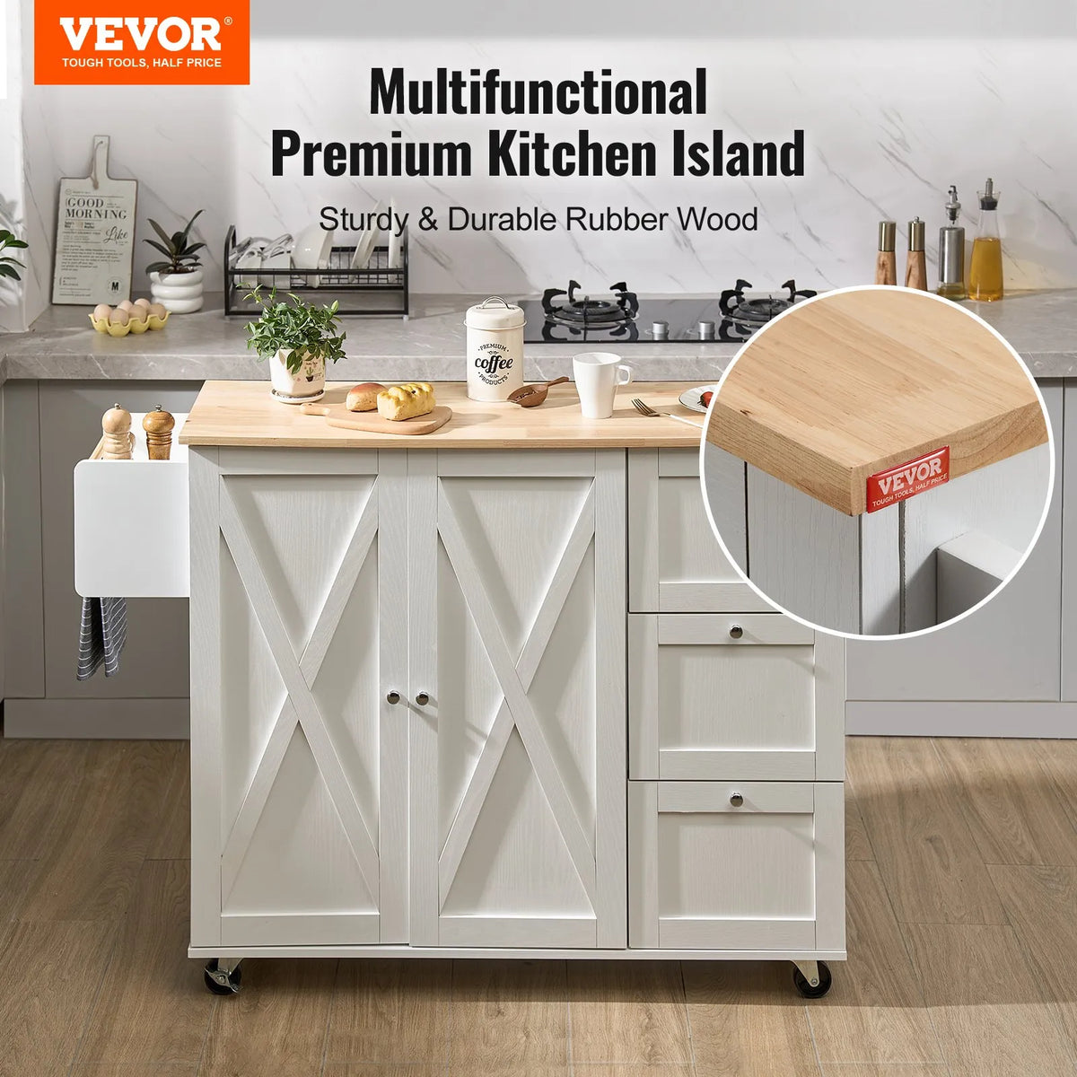 VEVOR Kitchen Island with Solid Wood Worktop, 115 cm Wide Mobile Kitchen Table with Storage Cabinet, Spice Rack, Towel Holder, Folding Surface and Drawer, Movable Kitchen Island on Wheels, White