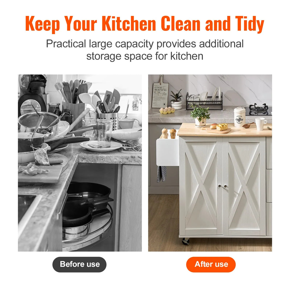 VEVOR Kitchen Island with Solid Wood Worktop, 115 cm Wide Mobile Kitchen Table with Storage Cabinet, Spice Rack, Towel Holder, Folding Surface and Drawer, Movable Kitchen Island on Wheels, White