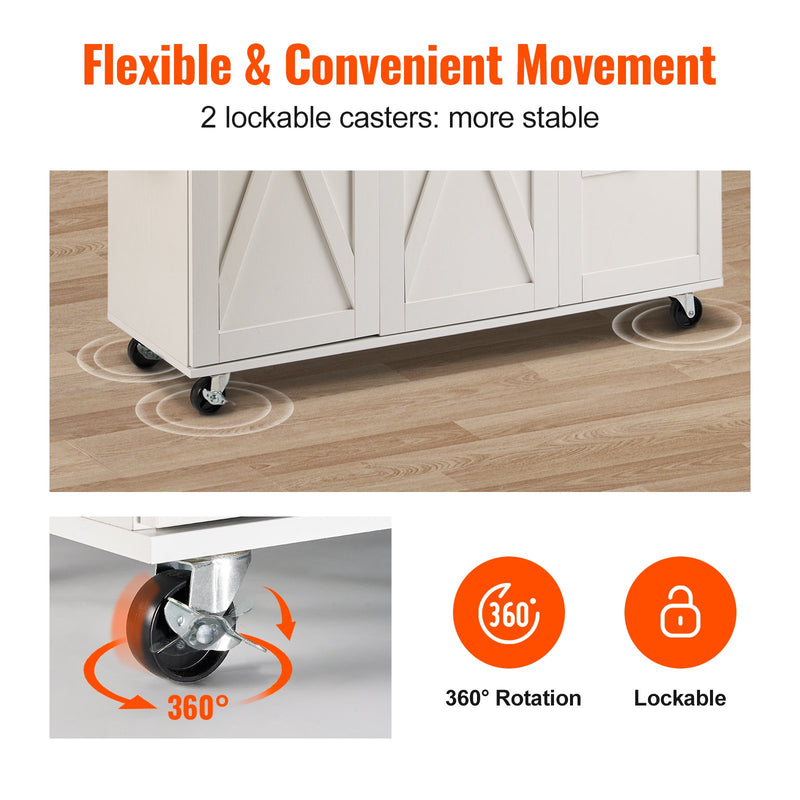 VEVOR virtuves sala ar masīvkoka virsmu, 115 cm plats mobilais virtuves galds ar uzglabāšanas skapīti, garšvielu plauktu, dvieļu turētāju, nolokāmu virsmu un atvilktni, pārvietojama virtuves sala uz riteņiem, balta
