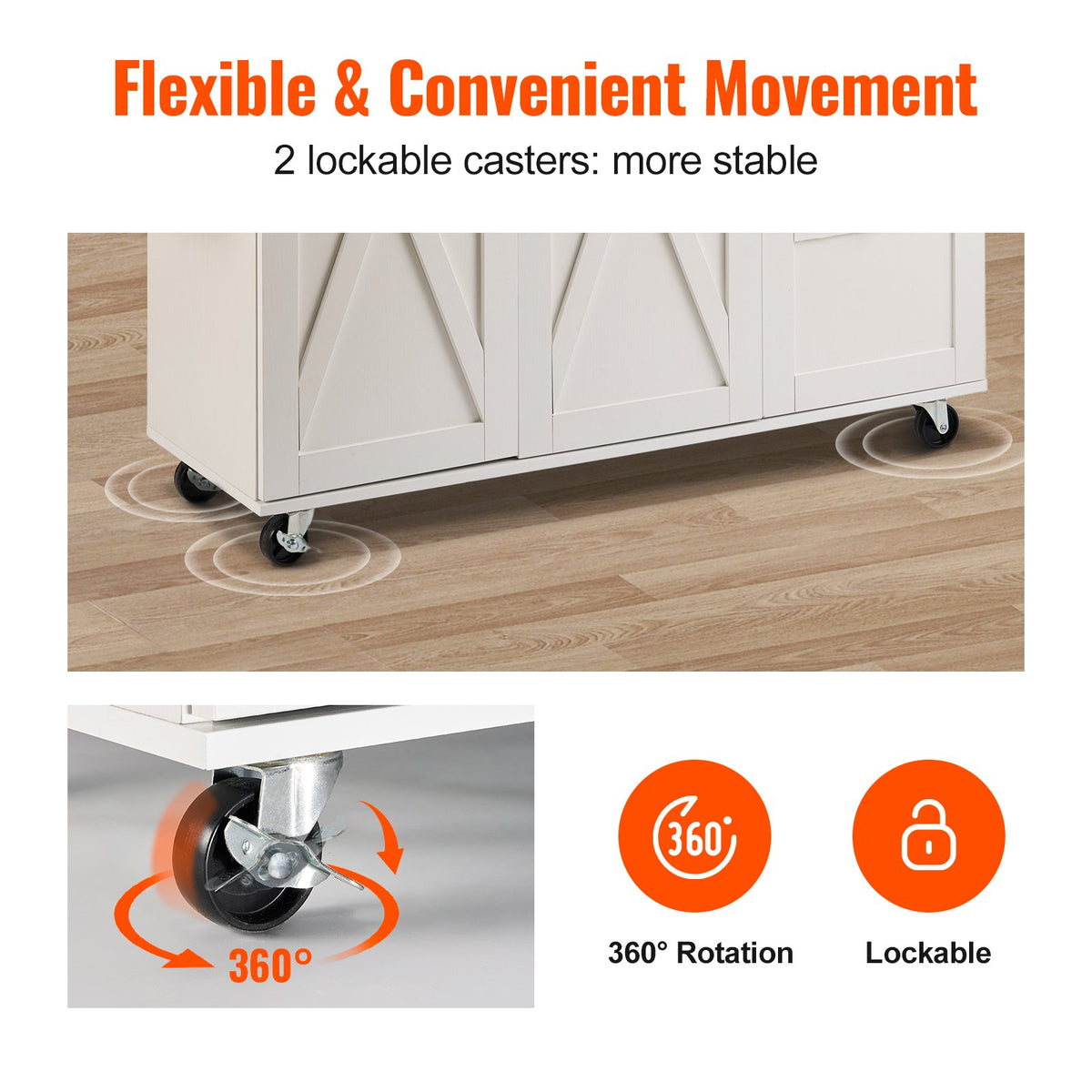 VEVOR Kitchen Island with Solid Wood Worktop, 115 cm Wide Mobile Kitchen Table with Storage Cabinet, Spice Rack, Towel Holder, Folding Surface and Drawer, Movable Kitchen Island on Wheels, White