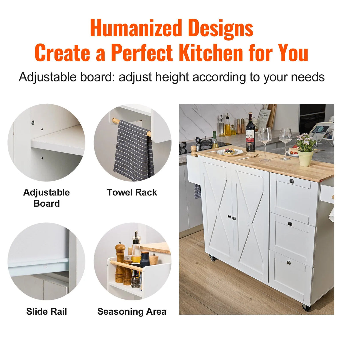 VEVOR Kitchen Island with Solid Wood Worktop, 115 cm Wide Mobile Kitchen Table with Storage Cabinet, Spice Rack, Towel Holder, Folding Surface and Drawer, Movable Kitchen Island on Wheels, White