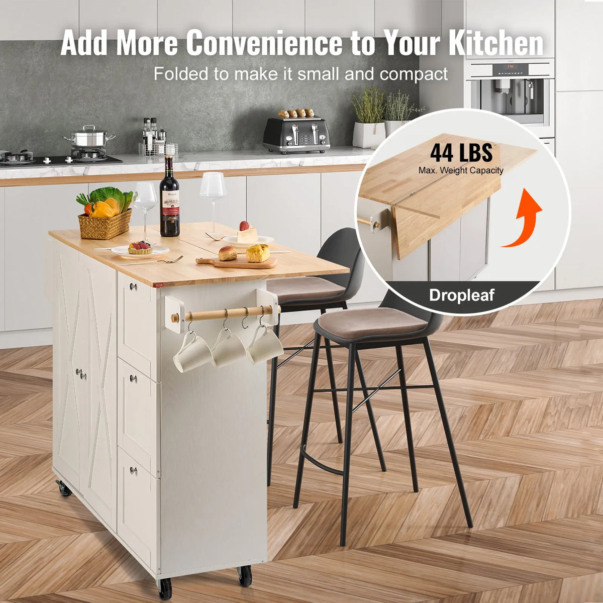 VEVOR Kitchen Island with Solid Wood Worktop, 115 cm Wide Mobile Kitchen Table with Storage Cabinet, Spice Rack, Towel Holder, Folding Surface and Drawer, Movable Kitchen Island on Wheels, White