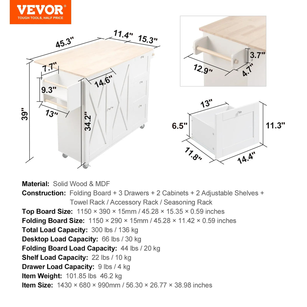 VEVOR Kitchen Island with Solid Wood Worktop, 115 cm Wide Mobile Kitchen Table with Storage Cabinet, Spice Rack, Towel Holder, Folding Surface and Drawer, Movable Kitchen Island on Wheels, White