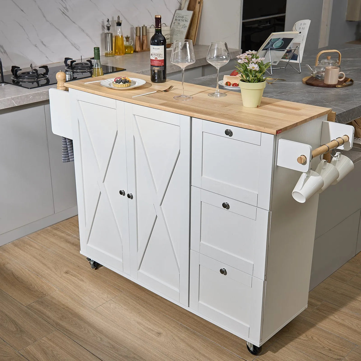 VEVOR Kitchen Island with Solid Wood Worktop, 115 cm Wide Mobile Kitchen Table with Storage Cabinet, Spice Rack, Towel Holder, Folding Surface and Drawer, Movable Kitchen Island on Wheels, White