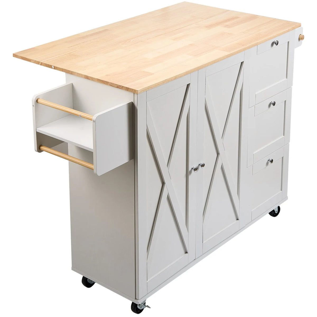 VEVOR Kitchen Island with Solid Wood Worktop, 115 cm Wide Mobile Kitchen Table with Storage Cabinet, Spice Rack, Towel Holder, Folding Surface and Drawer, Movable Kitchen Island on Wheels, White