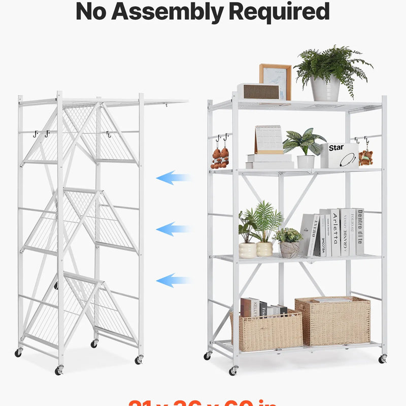 Saliekams uzglabāšanas plaukts ar 4 līmeņiem un riteņiem, balts, bez montāžas nepieciešamības