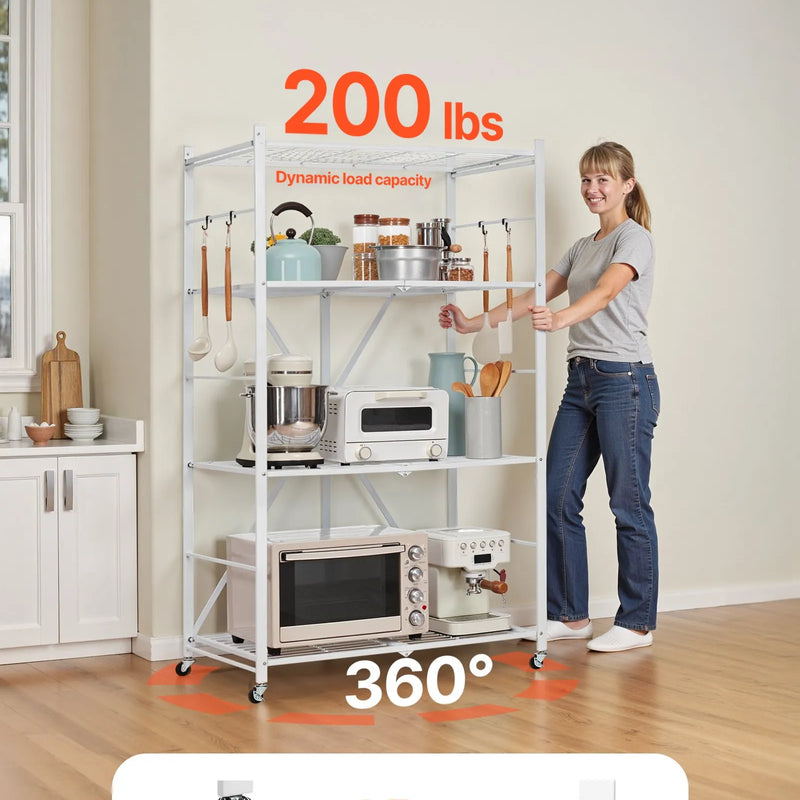 Saliekams uzglabāšanas plaukts ar 4 līmeņiem un riteņiem, balts, bez montāžas nepieciešamības