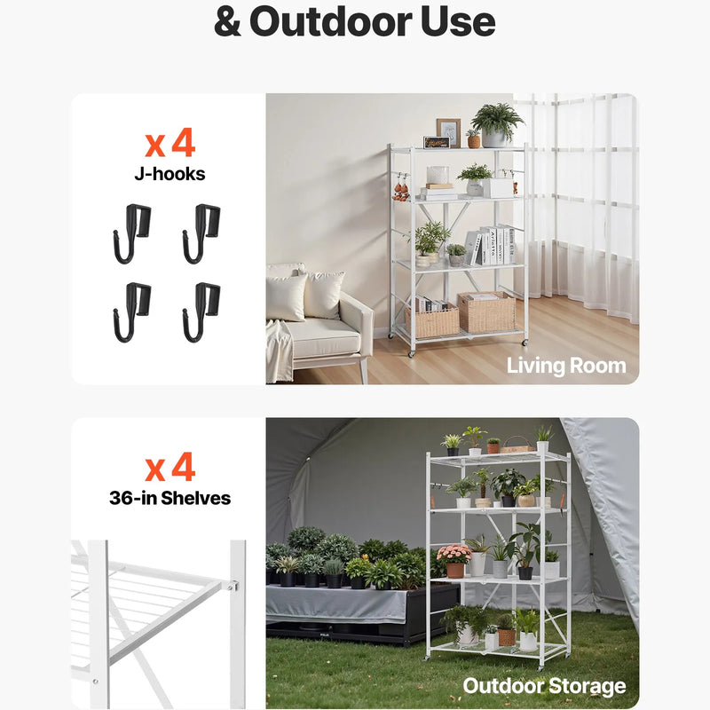 Saliekams uzglabāšanas plaukts ar 4 līmeņiem un riteņiem, balts, bez montāžas nepieciešamības