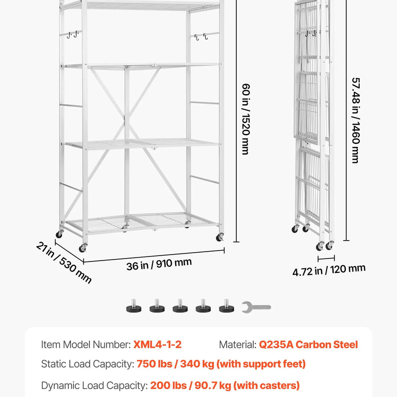 Saliekams uzglabāšanas plaukts ar 4 līmeņiem un riteņiem, balts, bez montāžas nepieciešamības