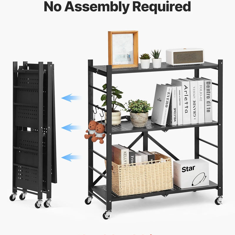 3 līmeņu salokāms uzglabāšanas plaukts ar riteņiem, 76 × 33 × 91 cm, metāla