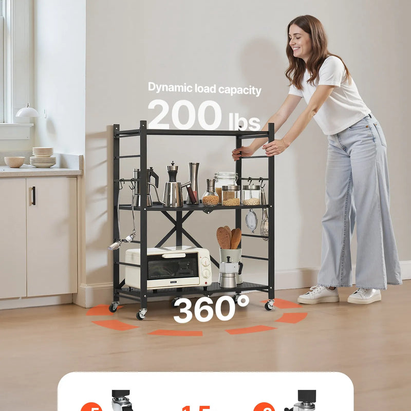 3 līmeņu salokāms uzglabāšanas plaukts ar riteņiem, 76 × 33 × 91 cm, metāla