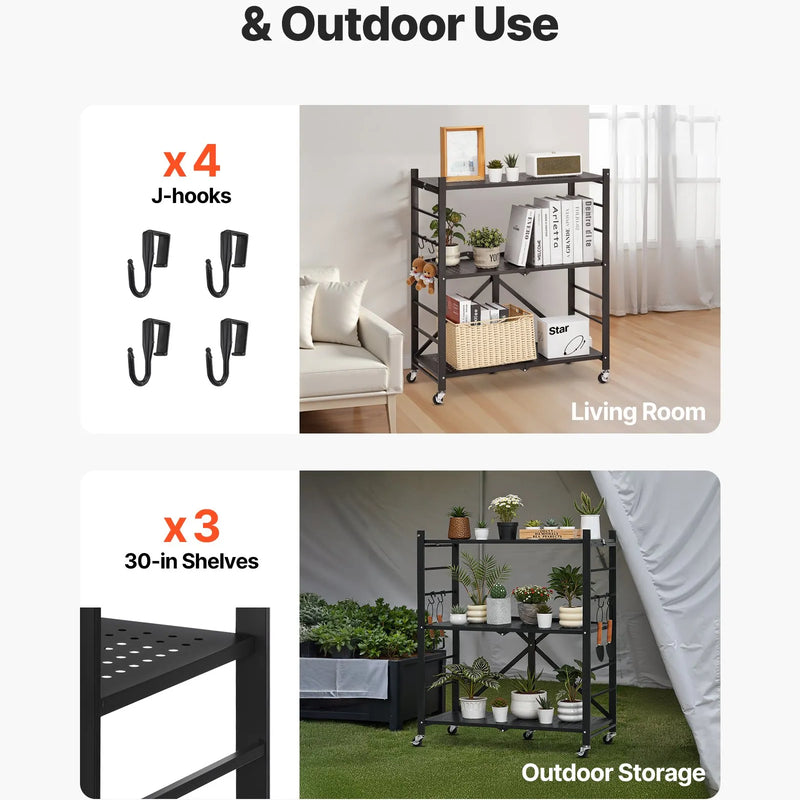 3 līmeņu salokāms uzglabāšanas plaukts ar riteņiem, 76 × 33 × 91 cm, metāla