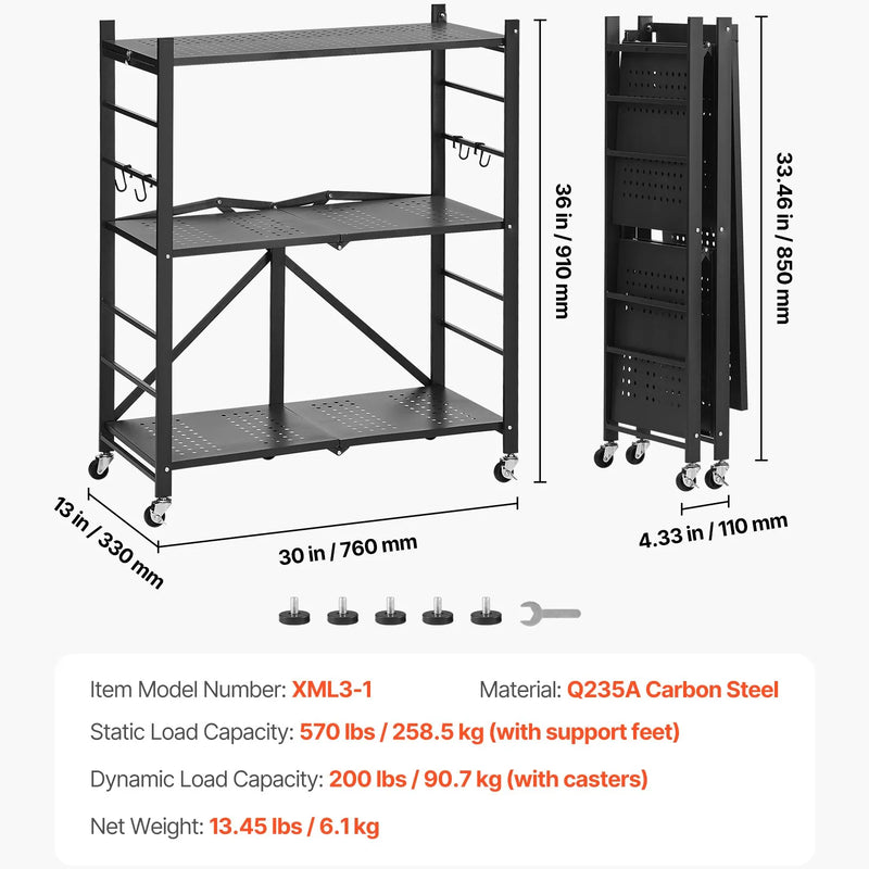 3 līmeņu salokāms uzglabāšanas plaukts ar riteņiem, 76 × 33 × 91 cm, metāla