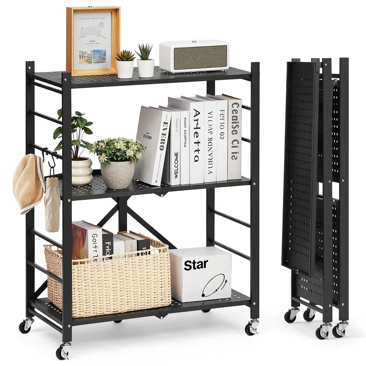 Foldable Metal Storage Shelf with 3 Tiers and Wheels, 71 × 33 × 91 cm
