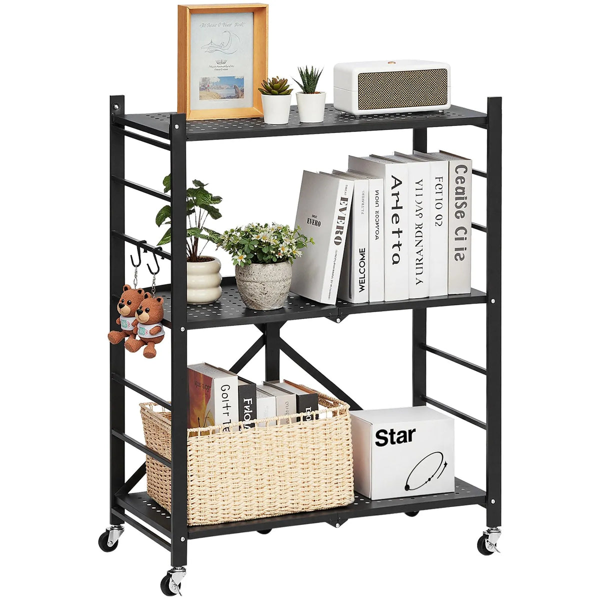 Foldable Metal Storage Shelf with 3 Tiers and Wheels, 71 × 33 × 91 cm