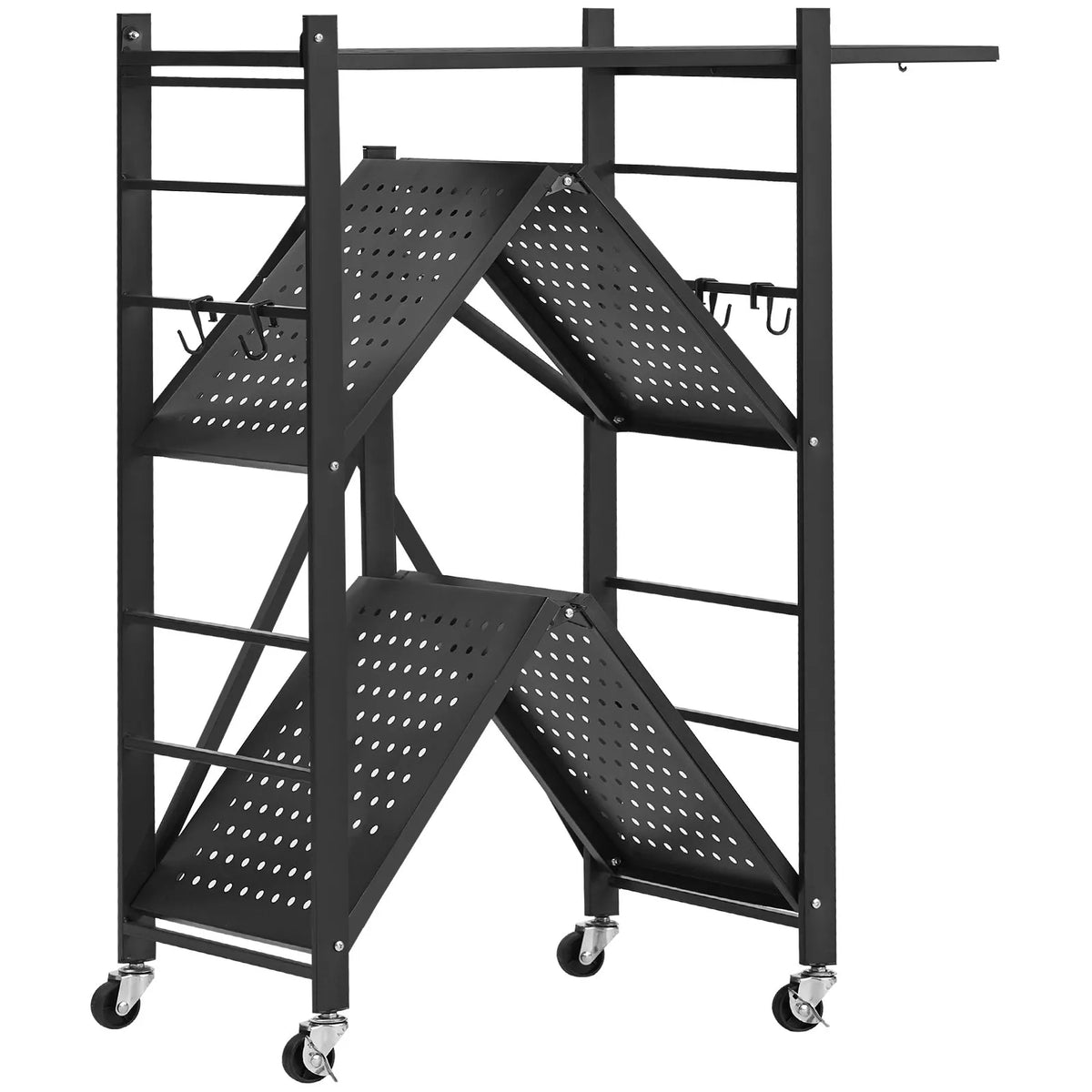 Foldable Metal Storage Shelf with 3 Tiers and Wheels, 71 × 33 × 91 cm