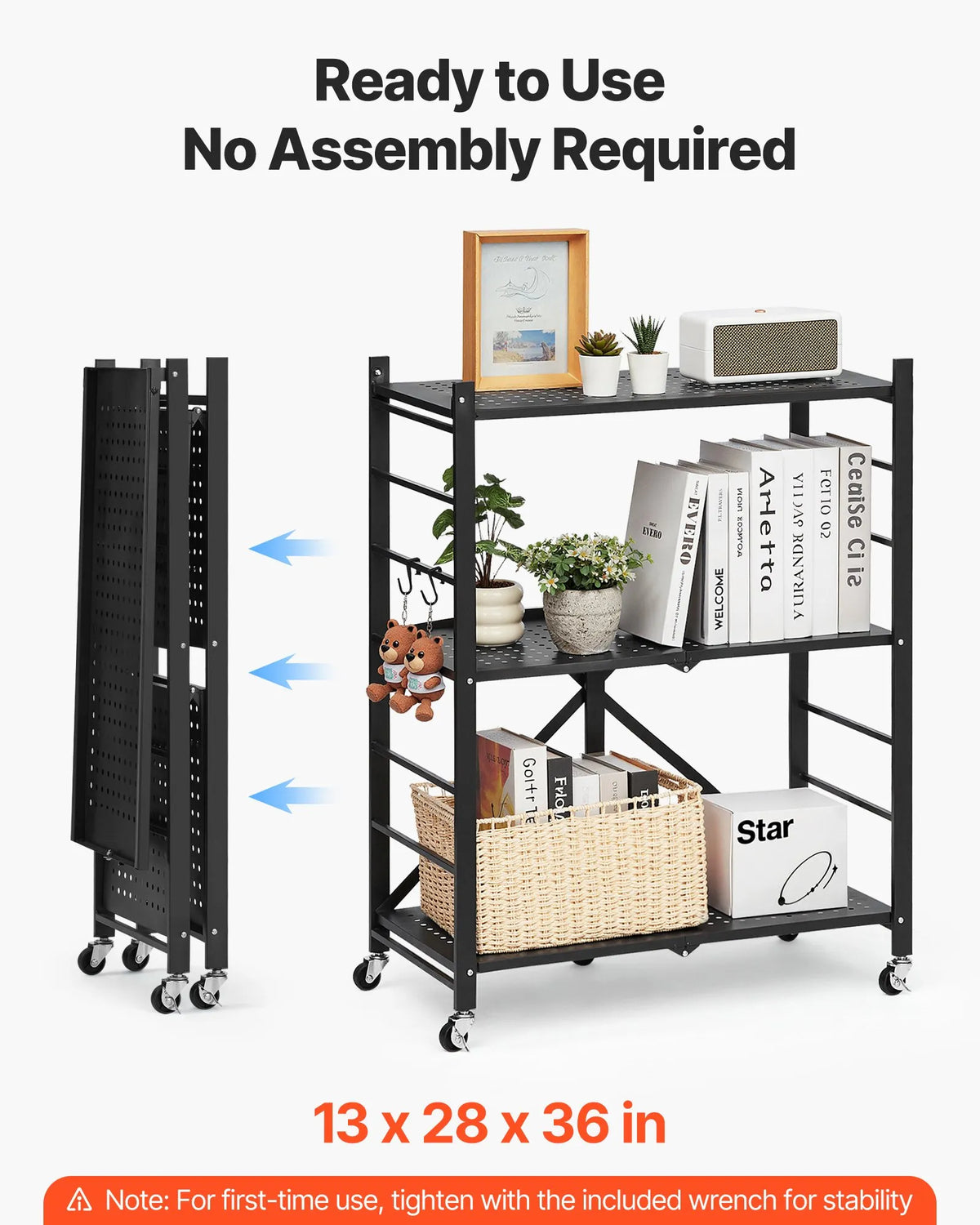 Foldable Metal Storage Shelf with 3 Tiers and Wheels, 71 × 33 × 91 cm