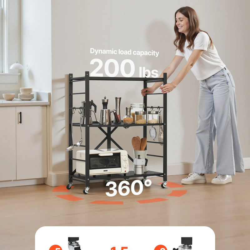 Saliekams metāla uzglabāšanas plaukts ar 3 līmeņiem un riteņiem, 71 × 33 × 91 cm