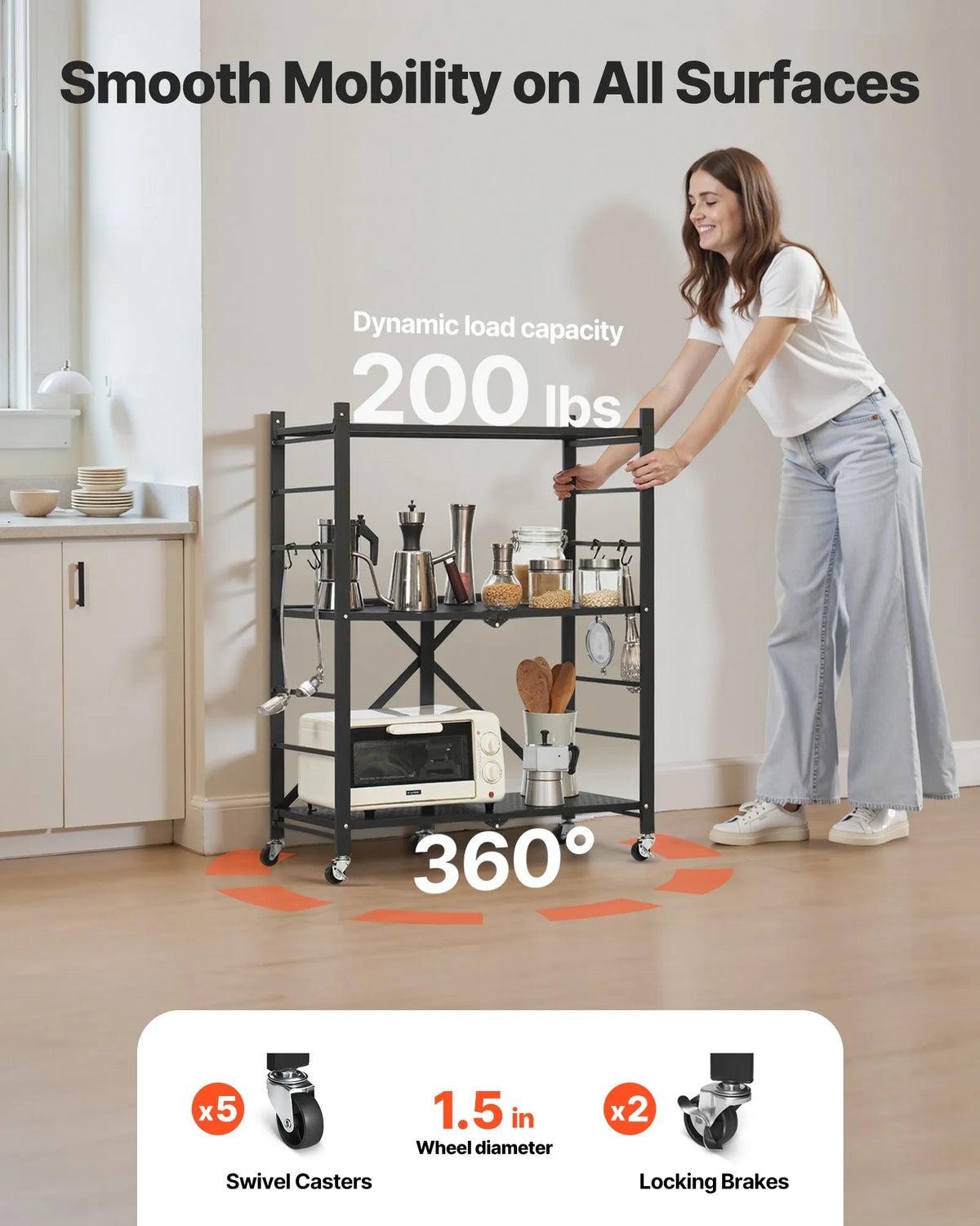 Foldable Metal Storage Shelf with 3 Tiers and Wheels, 71 × 33 × 91 cm