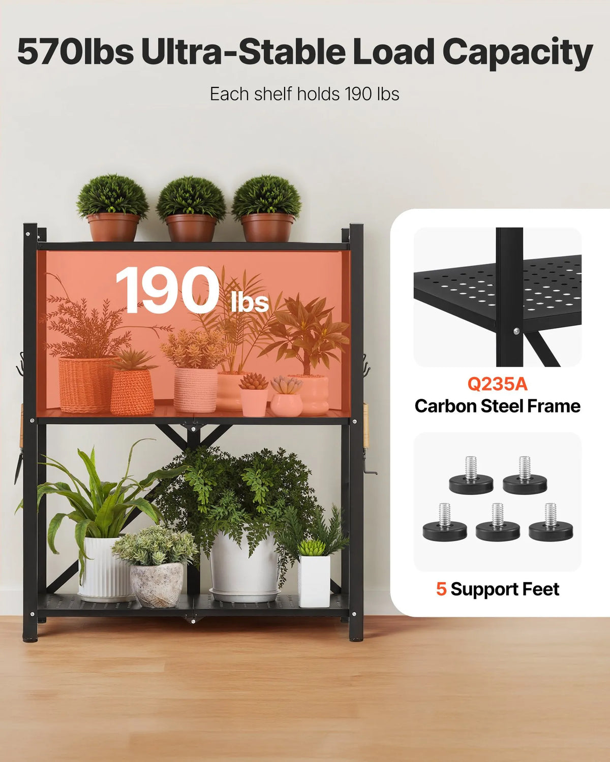 Foldable Metal Storage Shelf with 3 Tiers and Wheels, 71 × 33 × 91 cm