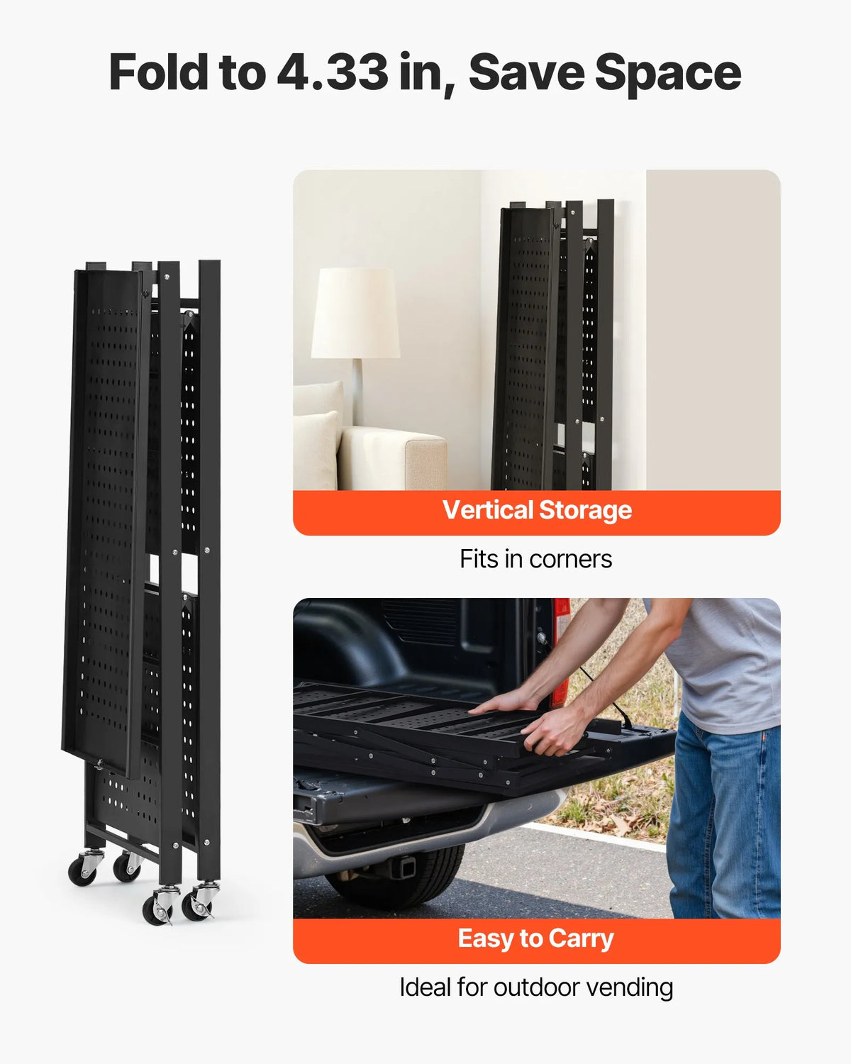 Foldable Metal Storage Shelf with 3 Tiers and Wheels, 71 × 33 × 91 cm