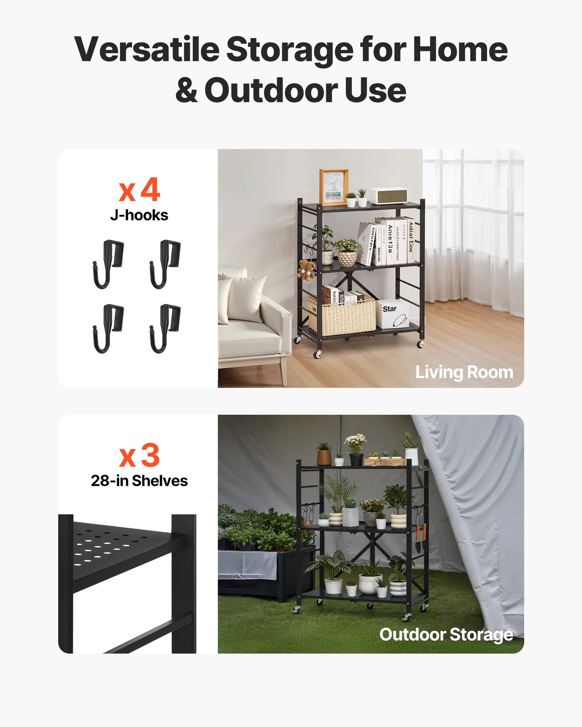 Foldable Metal Storage Shelf with 3 Tiers and Wheels, 71 × 33 × 91 cm