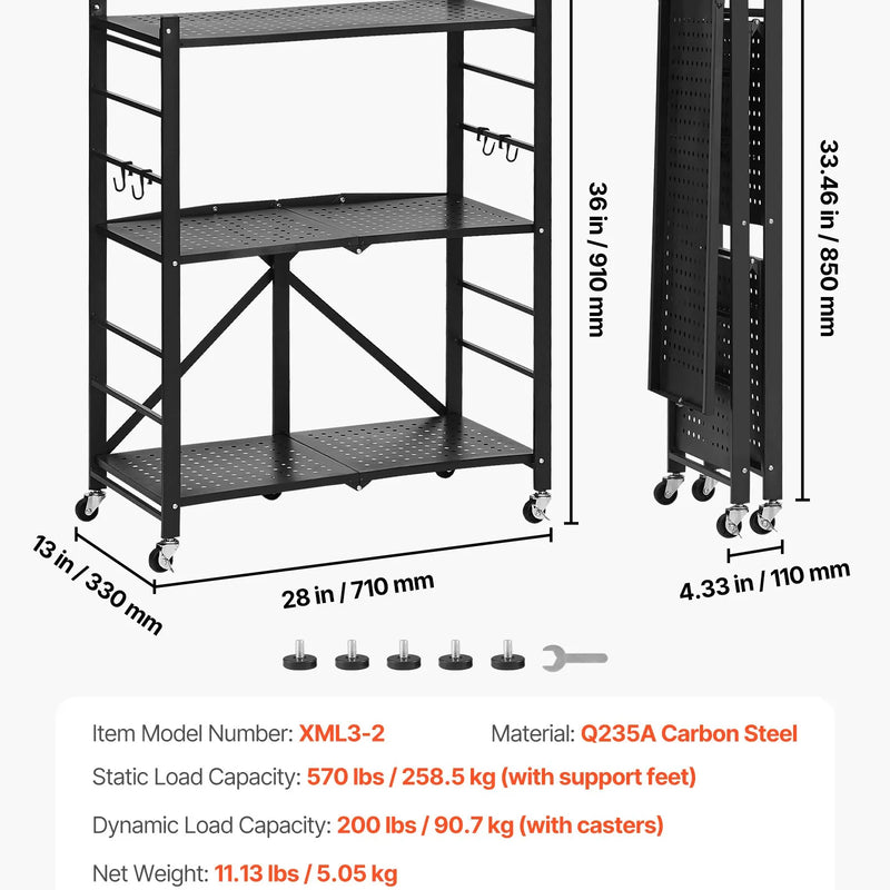 Saliekams metāla uzglabāšanas plaukts ar 3 līmeņiem un riteņiem, 71 × 33 × 91 cm