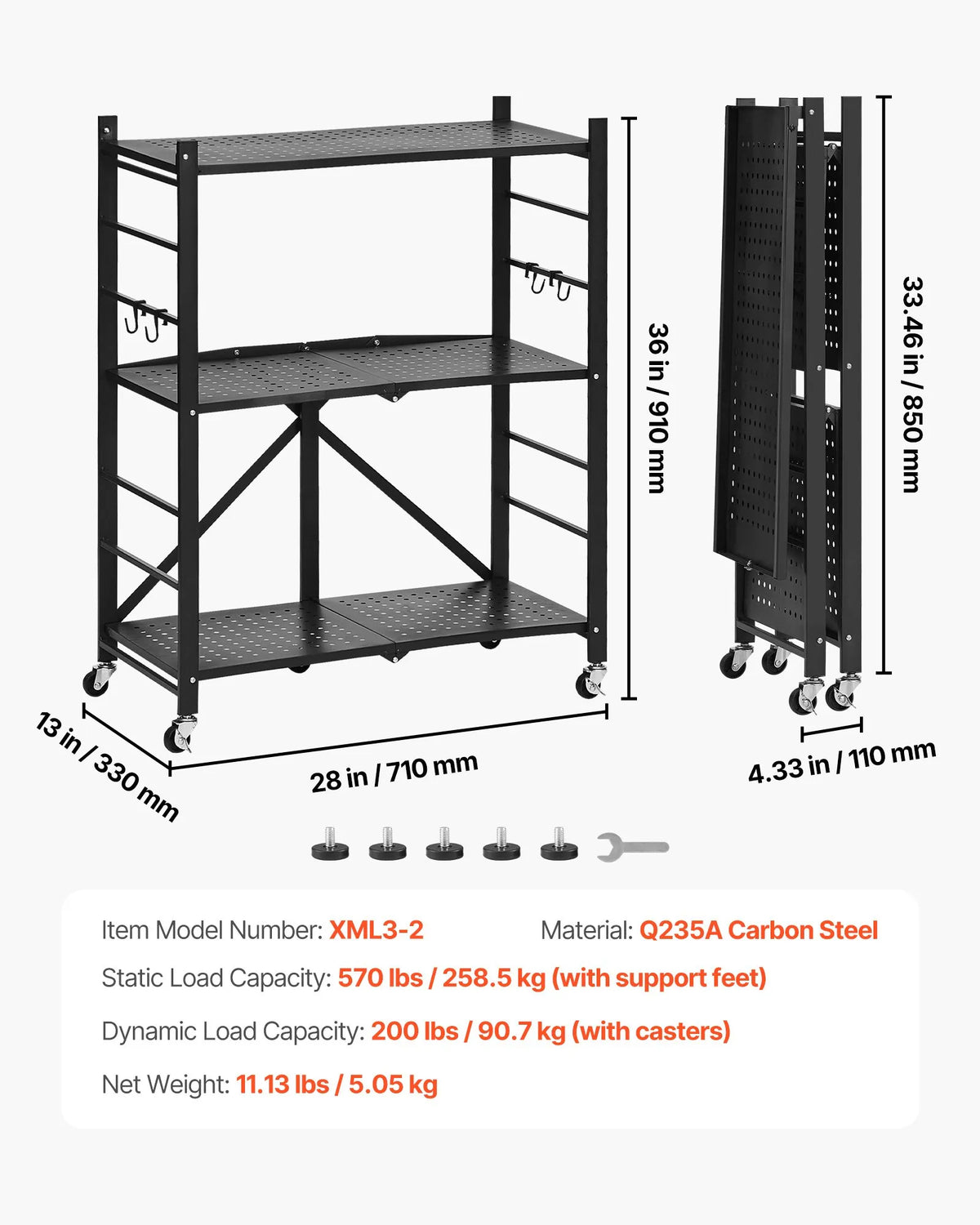 Foldable Metal Storage Shelf with 3 Tiers and Wheels, 71 × 33 × 91 cm