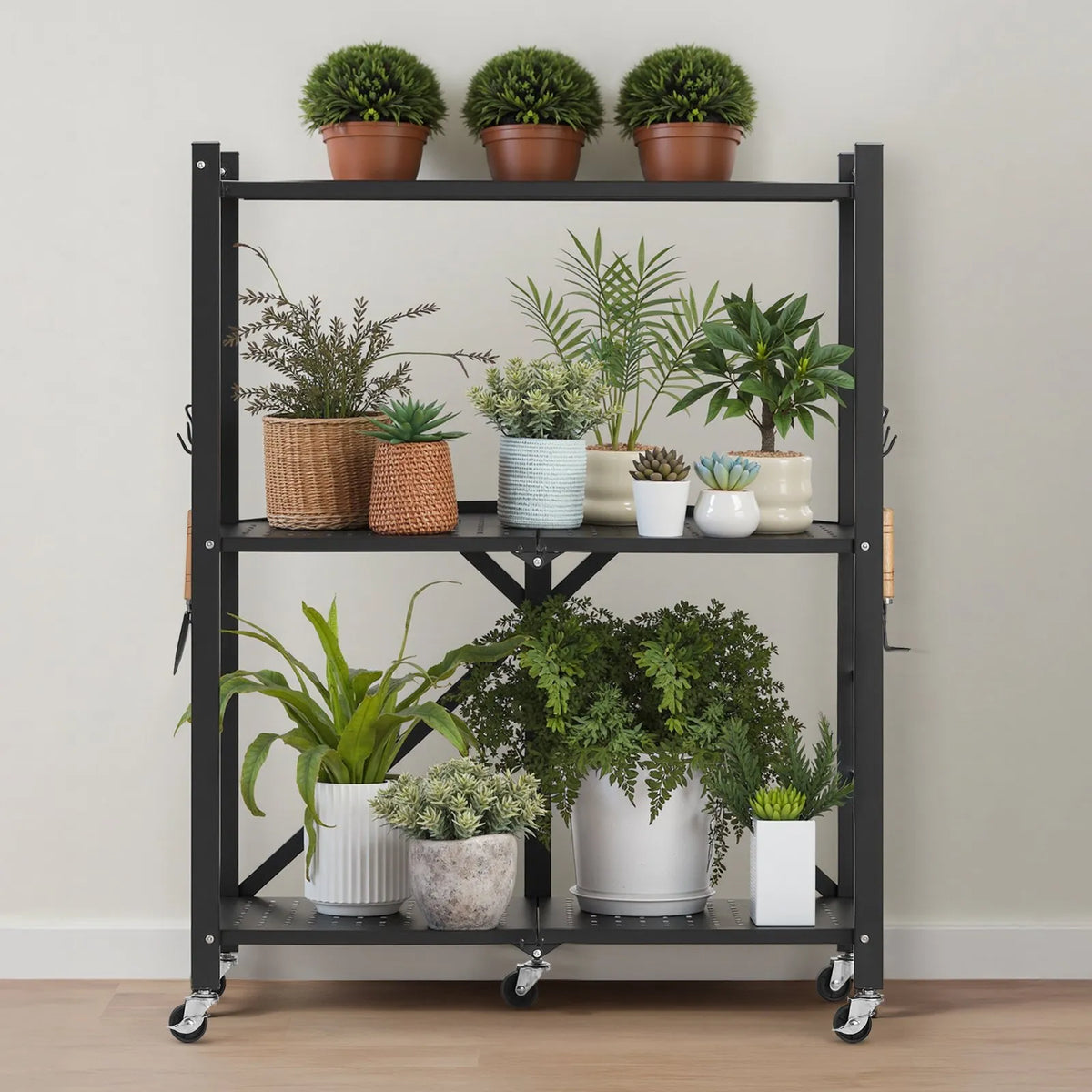Foldable Metal Storage Shelf with 3 Tiers and Wheels, 71 × 33 × 91 cm