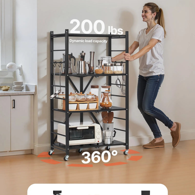 Saliekams metāla uzglabāšanas plaukts ar 4 līmeņiem un riteņiem, 66 × 33 × 117 cm