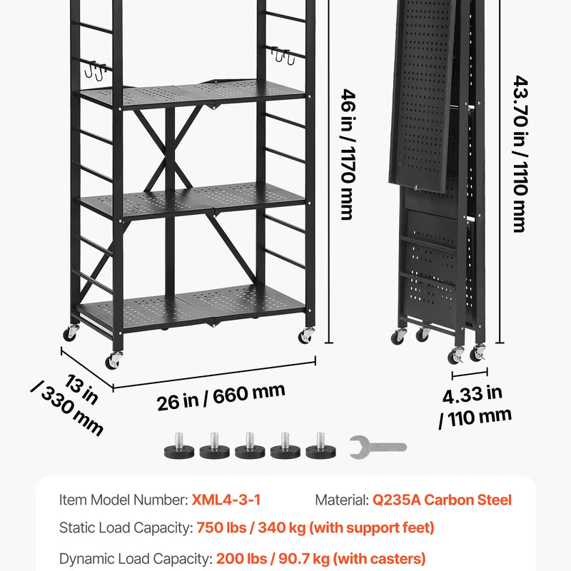 Saliekams metāla uzglabāšanas plaukts ar 4 līmeņiem un riteņiem, 66 × 33 × 117 cm