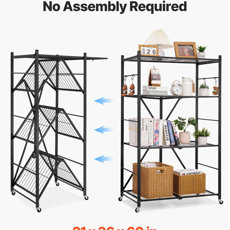 Saliekamais uzglabāšanas plaukts ar riteņiem, 4 līmeņi, bez montāžas, organizators, melns