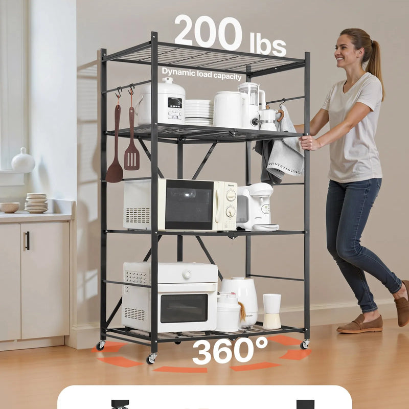 Saliekamais uzglabāšanas plaukts ar riteņiem, 4 līmeņi, bez montāžas, organizators, melns