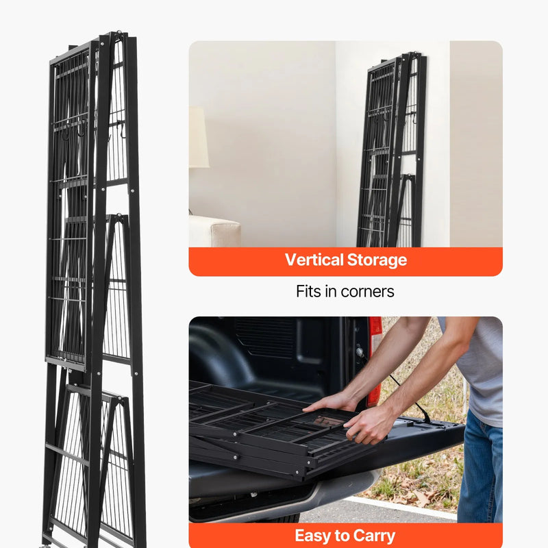 Saliekamais uzglabāšanas plaukts ar riteņiem, 4 līmeņi, bez montāžas, organizators, melns